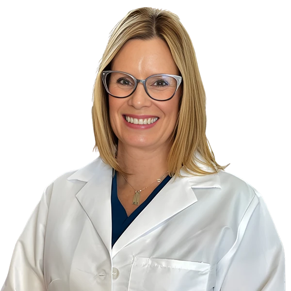 portrait of Christina Overly wearing a blue shirt and white jacket.