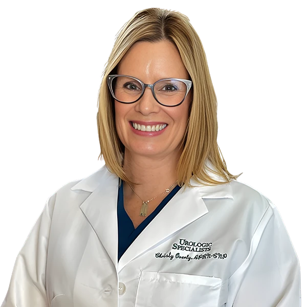 portrait of Christina Overly wearing a blue shirt and white jacket.