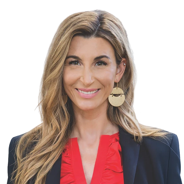 portrait of Katherine Barkat wearing a red blouse and navy jacket.