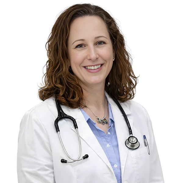 a portrait of Dr. Melody Rachal wearing a blue shirt, white jacket and stethoscope around her neck.