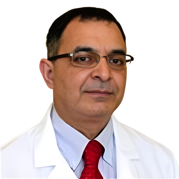 portrait of Dr Pranay Kathuria wearing a blue shirt, red tie and white jacket.