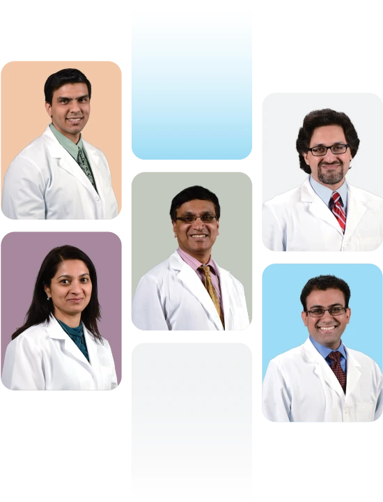 multiple pictures of doctors on colored backgrounds in a grid