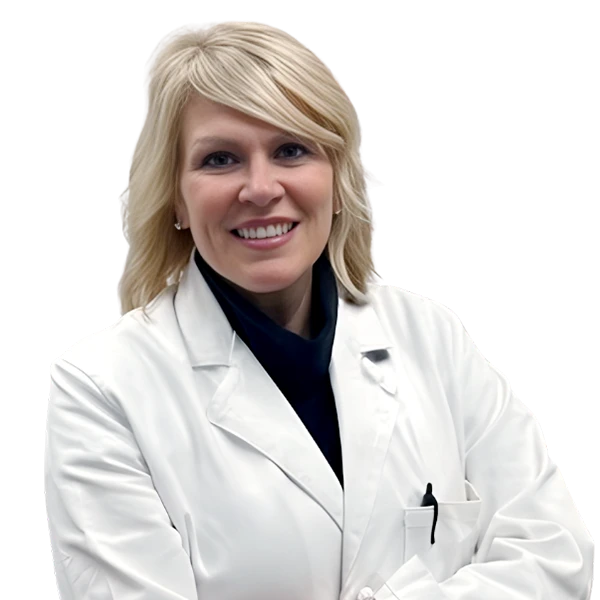 portrait of Dr. Christine Wilson wearing a white lab coat and black shirt.