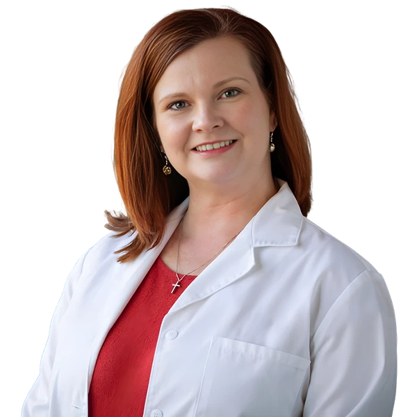 Portrait of Stephanie Moore wearing a white lab coat and red shirt.