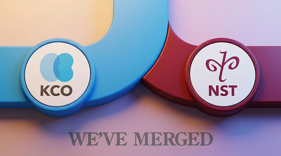 3D abstract illustration of two curved shapes in blue and red merging together, representing the unification of KidneyCare Oklahoma and Nephrology Specialists of Tulsa, with both logos displayed.